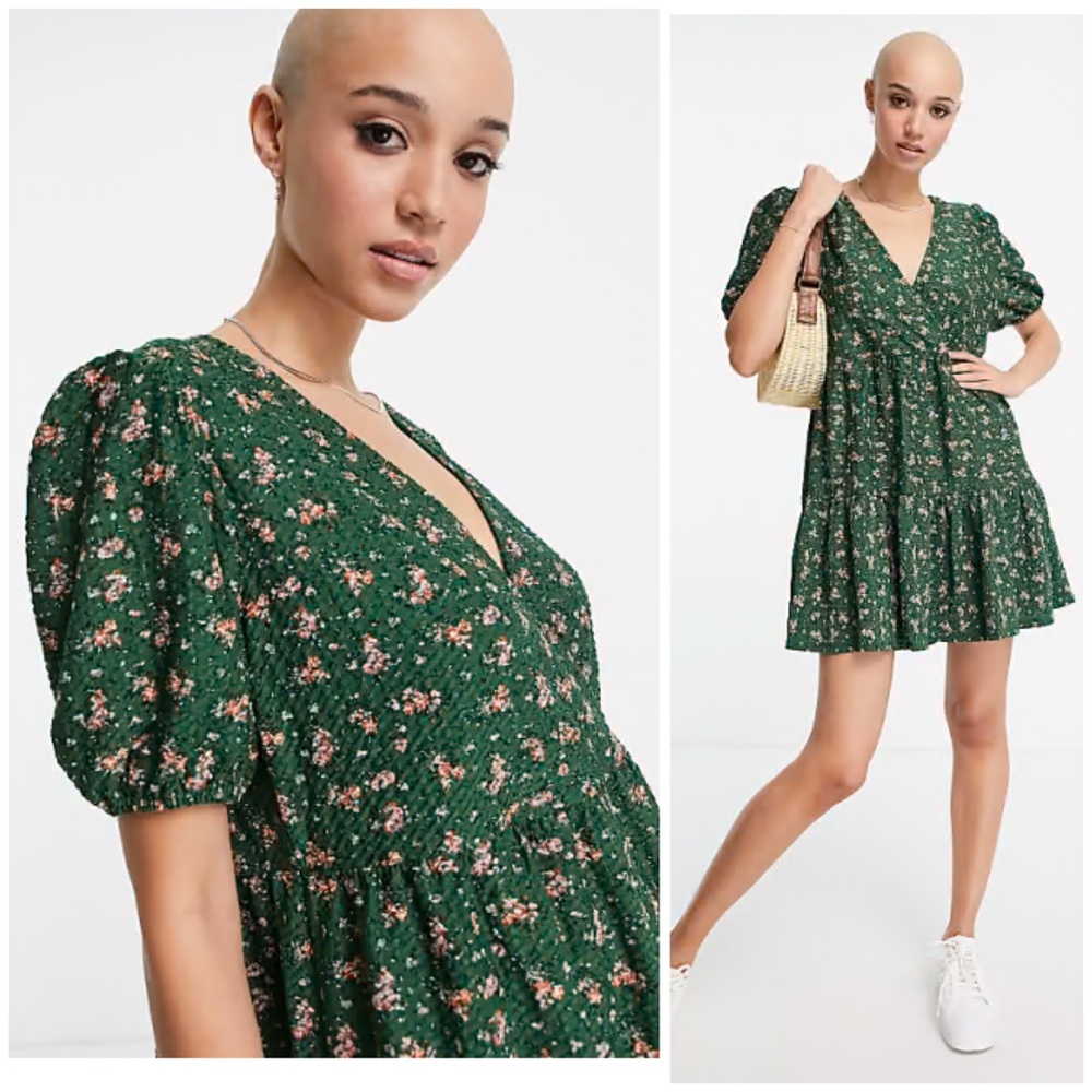 ASOS Textured Mini Wrap Dress With Peplum Hem in Green Floral 4 EUC Babydoll